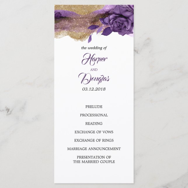 Eggplant Purple and Gold Glitter Wedding Programs Programme (Front)