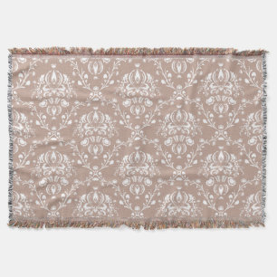 Eggplant Purple and White Damask Throw Blanket