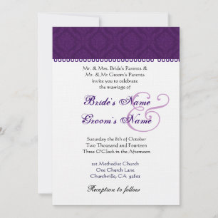 Eggplant Purple and White Damask Wedding Invitation