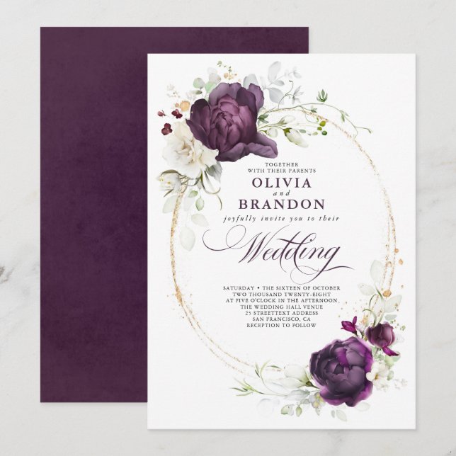 Eggplant Purple and White Floral Boho Wedding Invitation (Front/Back)