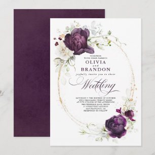 Eggplant Purple and White Floral Boho Wedding Invitation