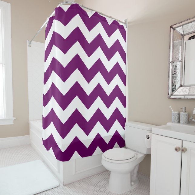 Eggplant Purple and White Large Chevron Pattern Shower Curtain (In Situ)