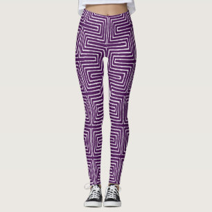 Eggplant Purple and White Maze African Mud Cloth Leggings
