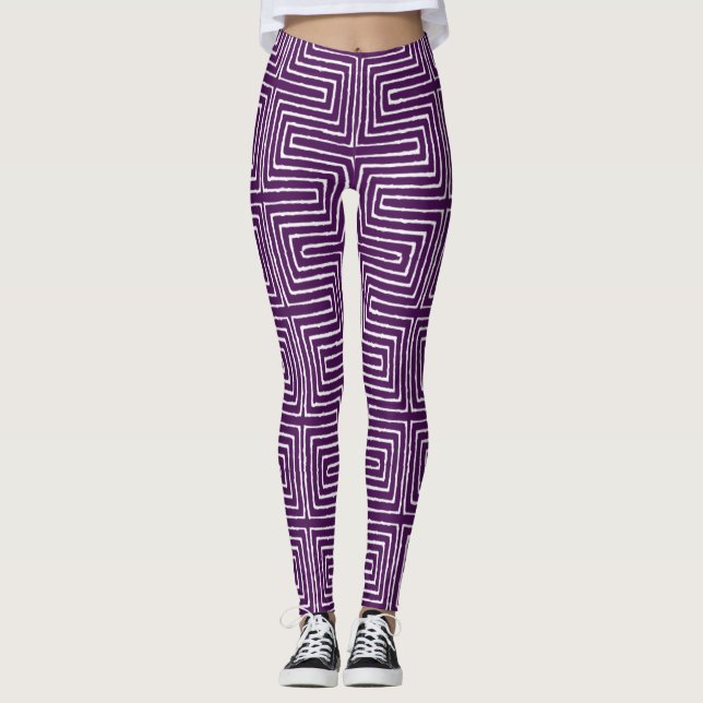 Eggplant Purple and White Maze African Mud Cloth Leggings (Front)