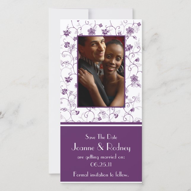 Eggplant Purple and White Photo Save The Date (Front)