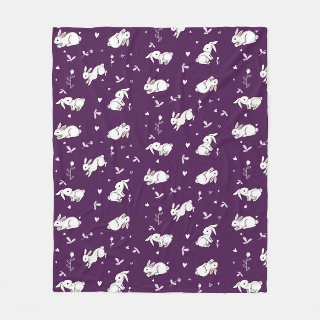 Eggplant Purple Bunny Patterned Fleece Blanket (Front)