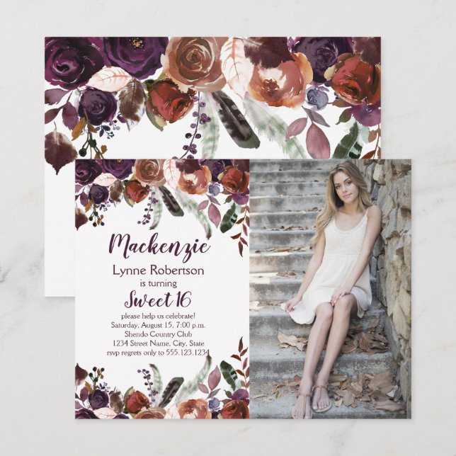 Eggplant Purple Butter Rum Roses Photo Sweet 16 Invitation (Front/Back)