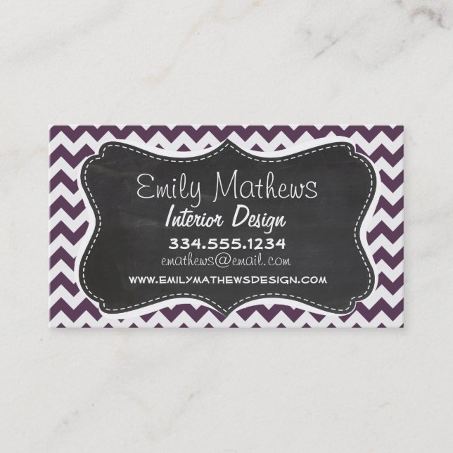 Eggplant Purple Chevron; Retro Chalkboard Business Card (Front)