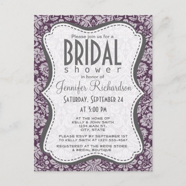 Eggplant Purple Damask Invitation Postcard (Front)