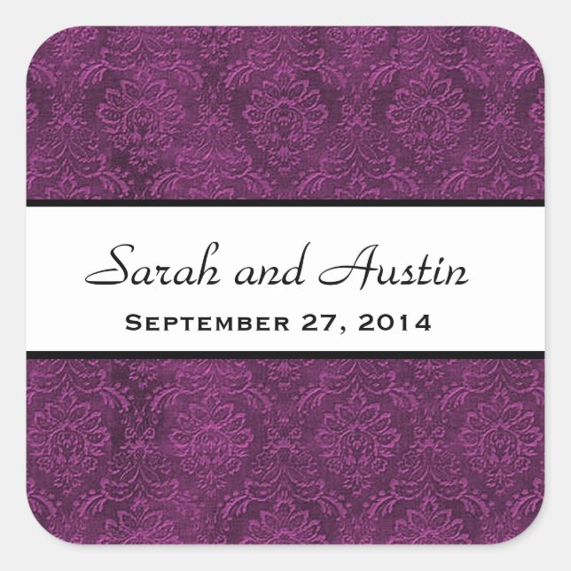 Eggplant Purple Damask Save the Date Wedding V05 Square Sticker (Front)