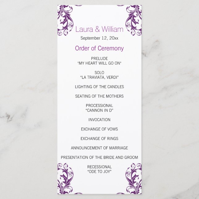 Eggplant Purple Damask Wedding Program Programme (Front)