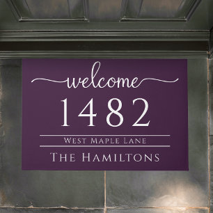 Eggplant purple family name personalised address doormat