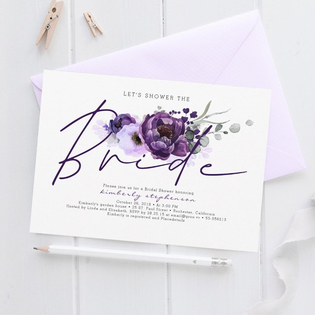 Eggplant Purple Floral Calligraphy Bridal Shower Invitation (Purple Flowers Boho Bridal Shower Invitations)