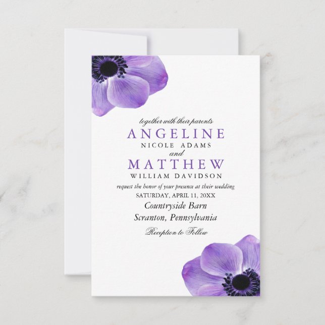 Eggplant Purple Floral Elegant Watercolor Wedding  Invitation (Front)