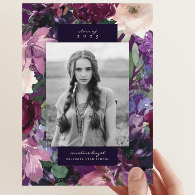 Eggplant Purple Floral Graduation Photo Announcement (Creator Uploaded)