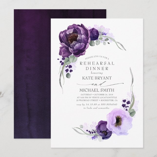 Eggplant Purple Floral Modern Rehearsal Dinner Invitation (Front/Back)