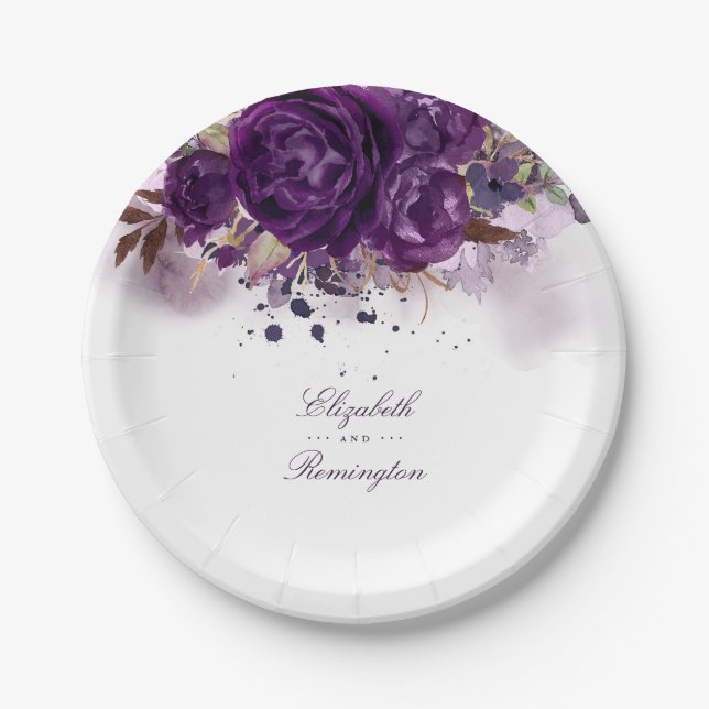 Eggplant Purple Floral Paper Plate (Front)