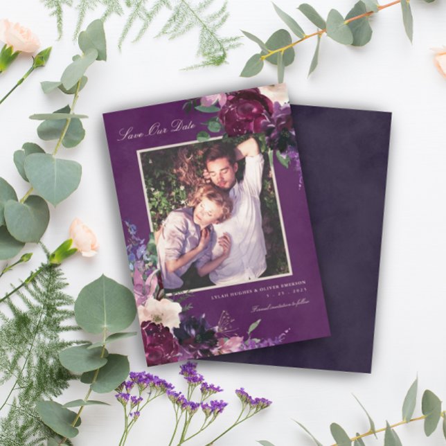 Eggplant Purple Floral Photo Save Our Date Announcement (Creator Uploaded)
