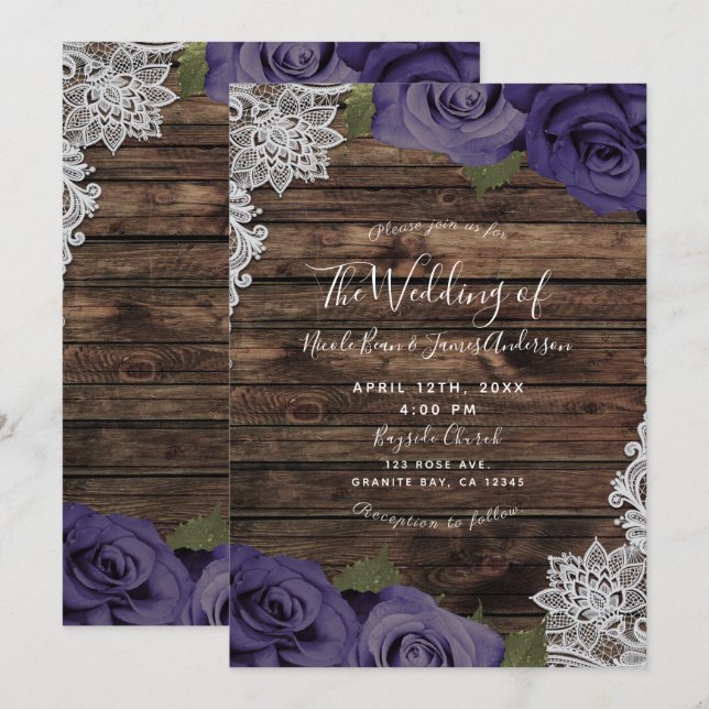 Eggplant Purple Floral Roses & Wood Lace Wedding Invitation (Front/Back)