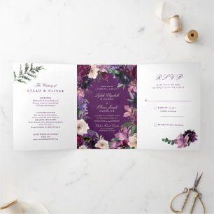 Eggplant Purple Floral Tri-Fold Wedding Invitation