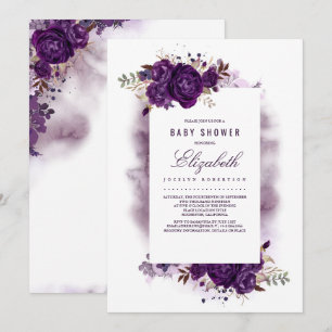 Eggplant Purple Floral Watercolor Baby Shower Invitation