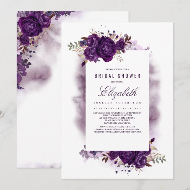 Eggplant Purple Floral Watercolor Bridal Shower Invitation (Front/Back)