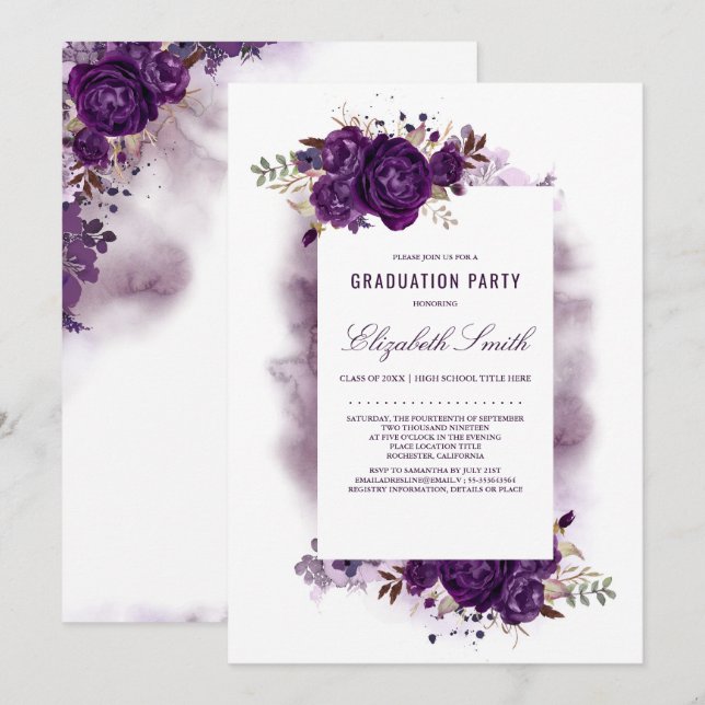 Eggplant Purple Floral Watercolor Graduation Party Invitation (Front/Back)