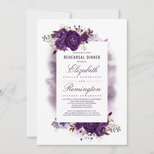 Eggplant Purple Floral Watercolor Rehearsal Dinner Invitation (Front)