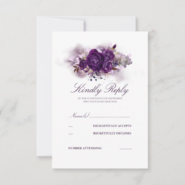Eggplant Purple Floral Watercolors Wedding RSVP (Front)