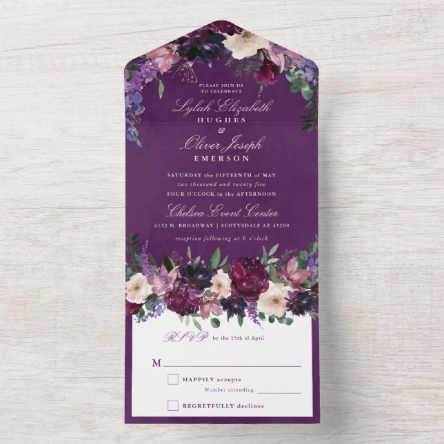 Eggplant Purple Floral Wedding All In One Invitation (Inside)