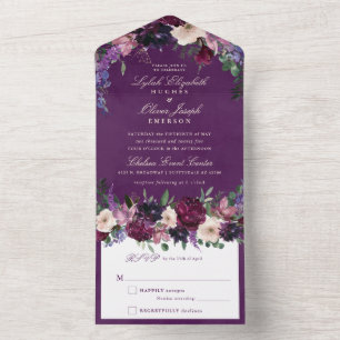 Eggplant Purple Floral Wedding All In One Invitation