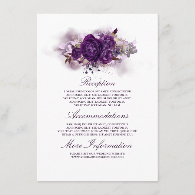 Eggplant Purple Floral Wedding Information Guest Enclosure Card (Front)