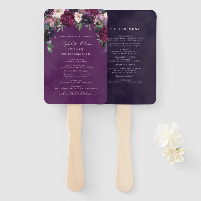Eggplant Purple Floral Wedding Program Fan (Front and Back)