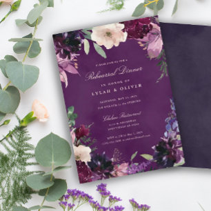 Eggplant Purple Floral Wedding Rehearsal Dinner Invitation