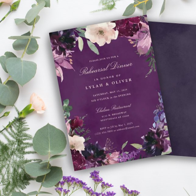 Eggplant Purple Floral Wedding Rehearsal Dinner Invitation (Creator Uploaded)
