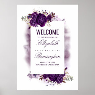 Eggplant Purple Floral Wedding Welcome Sign