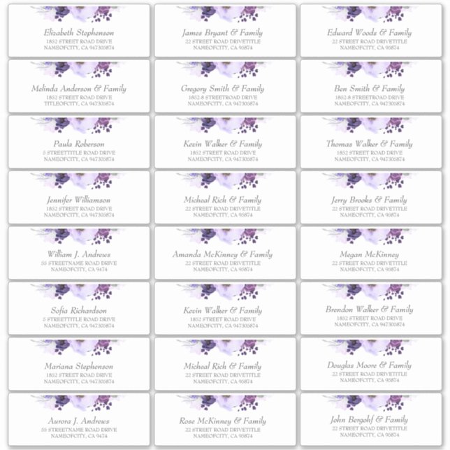 Eggplant Purple Flowers Guest Names Address Labels (Front)