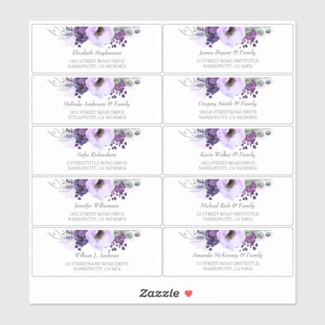 Eggplant Purple Flowers Guest Names Address Labels (Sheet)
