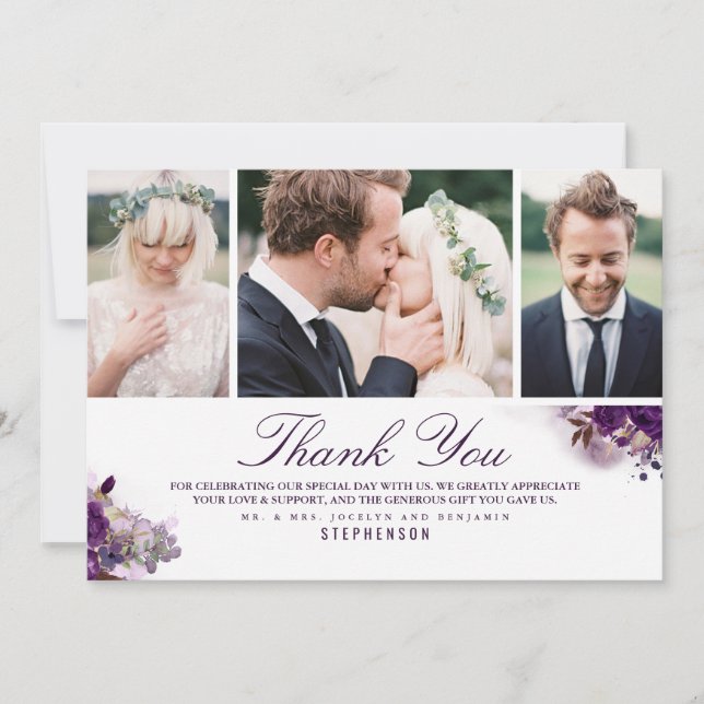 Eggplant Purple Flowers Wedding 3 Photos Thank You Card (Front)