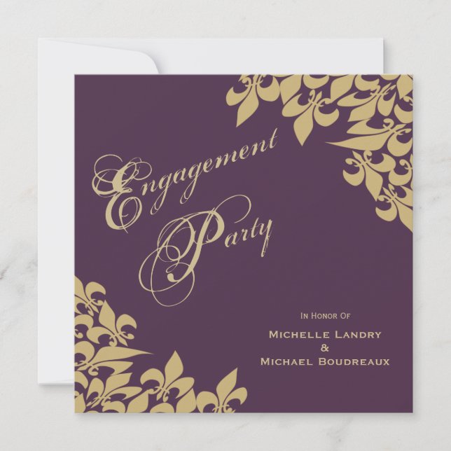 Eggplant Purple Gold Fleur de Lis Engagement Party Invitation (Front)