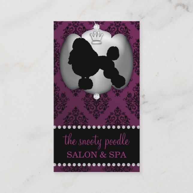 Eggplant Purple Jewelled Damask Dog Grooming/Spa Business Card (Front)