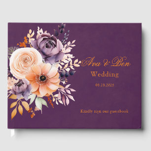 Eggplant Purple Orange Floral Wedding Guest Book