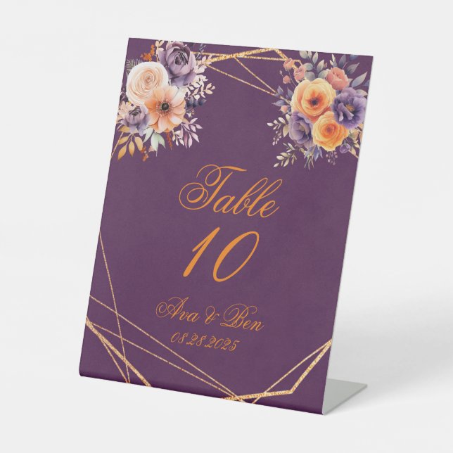 Eggplant Purple Orange Floral Wedding Table Number Pedestal Sign (Front)