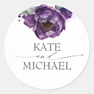 Eggplant Purple Peony Elegant Watercolor Classic Round Sticker