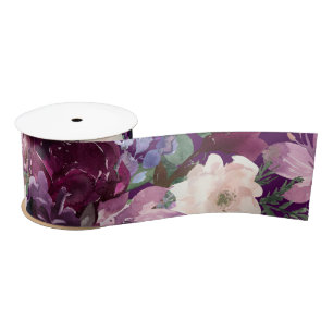 Eggplant Purple, Pink & Cream Floral Satin Ribbon
