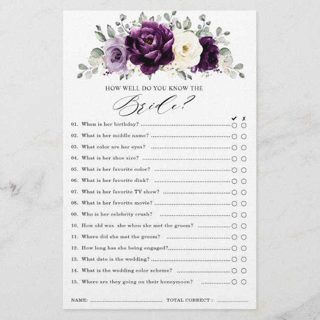 Eggplant Purple Plum Ivory Bridal Shower Game (Front)