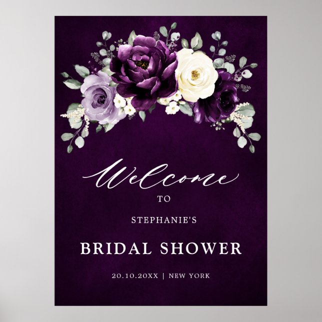 Eggplant Purple Plum Ivory Bridal Shower Welcome   Poster (Front)