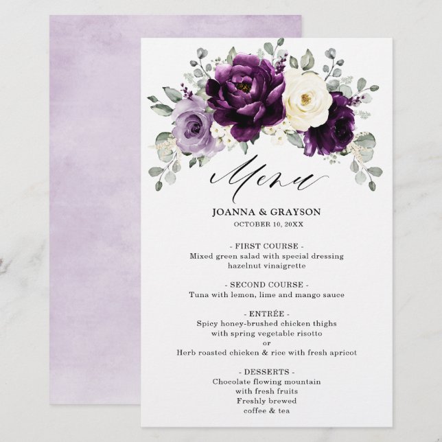Eggplant Purple Plum Ivory Floral Wedding Menu (Front/Back)