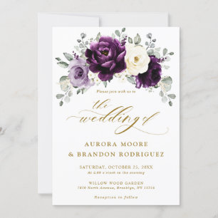 Eggplant Purple Plum Ivory Gold  Floral Wedding    Invitation