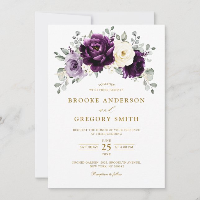 Eggplant Purple Plum Ivory Gold Floral Wedding  Invitation (Front)